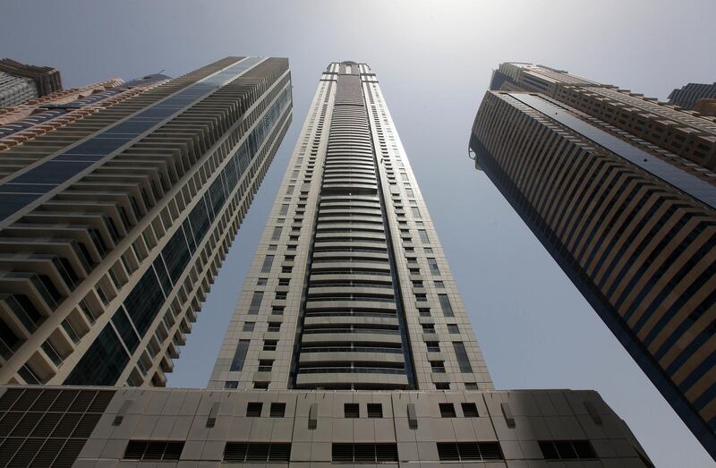 
DUBAI , UNITED ARAB EMIRATES Ð June 13 : View of the Princess tower ( center ) in Dubai Marina in Dubai. ( Pawan Singh / The National ) For News summer series modern icons. Story by Manal

