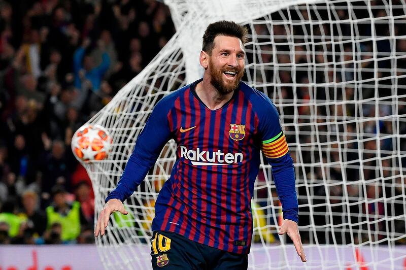 TOPSHOT - Barcelona's Argentinian forward Lionel Messi celebrates after scoring a goal during the UEFA Champions League semi-final first leg football match between Barcelona and Liverpool at the Camp Nou Stadium in Barcelona on May 1, 2019. / AFP / LLUIS GENE
