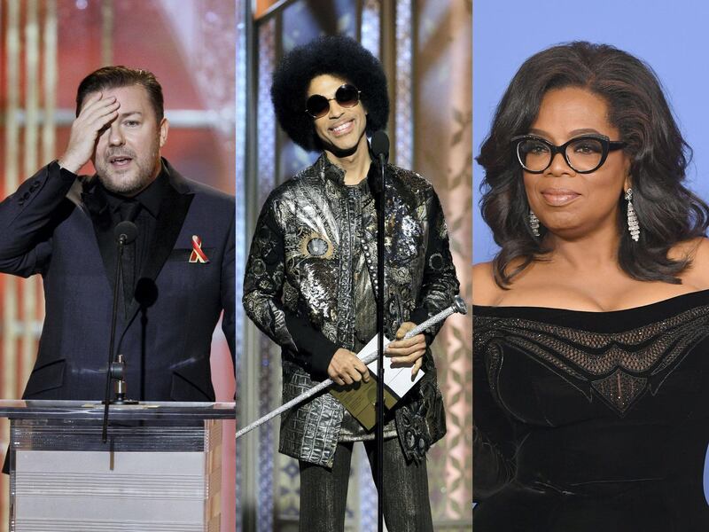 From left, Ricky Gervais has been a regular host; Prince presented an award in 2015; Oprah Winfrey was praised for her 2018 speech. Getty Images