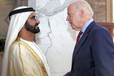 Dubai Ruler and UAE Prime Minister Sheikh Mohammed bin Rashid greets Joe Biden, then US vice-president, in a post shared by Sheikh Mohammed on Twitter on November 8, 2020, to congratulate Biden on his victory in the US election.