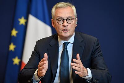 French Economy and Finance Minister Bruno Le Maire speaks during a press conference on the European recovery plan, at the Economy Ministry in Paris, on May 19, 2020. France and Germany proposed on May 18, 2020 a 500-billion-euro (USD 542-billion) fund to finance the recovery of the European Union's economy from the devastation wrought by the COVID-19 outbreak, caused by the novel coronavirus. / AFP / BERTRAND GUAY
