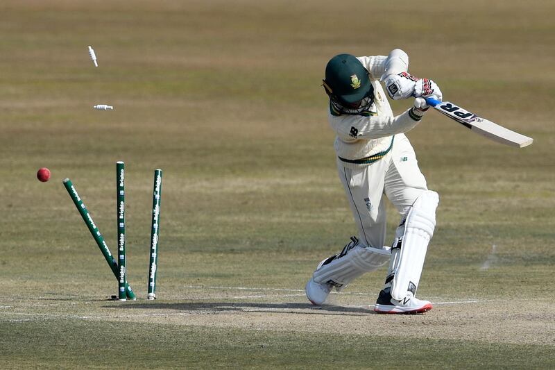 South Africa batsman Keshav Maharaj is bowled out by Pakistan's Hasan Ali during the third day of the second Test at the Rawalpindi Cricket Stadium on Saturday, February 6. Pakistan won the match by 95 runs and series 2-0. AFP