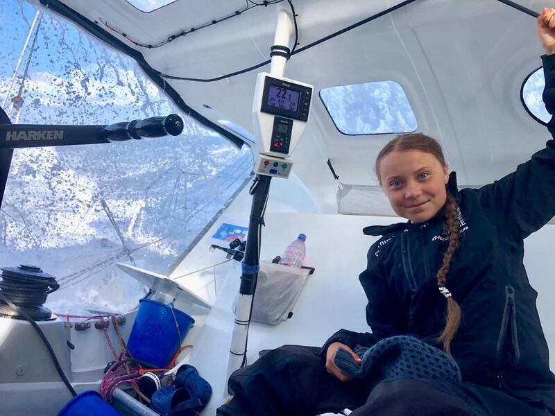 Swedish climate activist Greta Thunberg onboard the racing boat Malizia II in the Atlantic Ocean on August 24. EPA