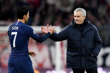 Tottenham Hotspur manager Jose Mourinho with Son Heung-min after the defeat to Bayern Munich. Reuters