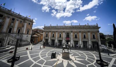 A general view shows Piazza del Campidoglio and the Capitoline Museum (Musei Capitolini) building (Rear C) on Capitoline Hill in Rome as the museum reopens on May 19, 2020 while the country's lockdown is easing after over two months, aimed at curbing the spread of the COVID-19 infection, caused by the novel coronavirus. (Photo by Filippo MONTEFORTE / AFP)