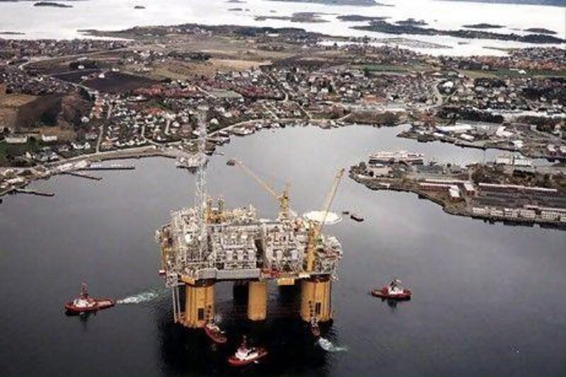 The world's largest natural gas platform, Aasgard-B, being towed from Kvaerner Rosenberg Shipyard near Stavanger. EPA