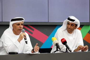 Mattar Al Tayer (left) and Abdulla Al Basti (right) at the press conference to announce the Gov Games in Dubai. Satish Kumar / The National