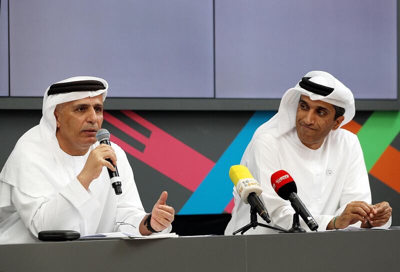 Dubai, March 04, 2018: (L) Mattar Al Tayer and (R) Abdulla Al Basti gestures during the press conference to announce the GOV Games in Dubai. Satish Kumar for the National/ Story by Caline Malek