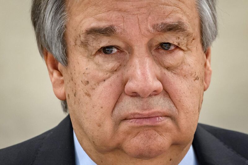 (FILES) In this file photo taken on February 24, 2020 UN Secretary-General Antonio Guterres reacts during the opening of the UN Human Rights Council's main annual session in Geneva. A COVID-19 vaccine may be the only thing that can bring back "normalcy," UN Secretary-General Antonio Guterres said on April 15, 2020, hoping for just that before the end of the year.  / AFP / Fabrice COFFRINI
