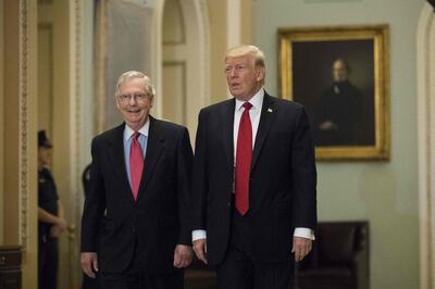 (FILES) In this file photo taken on October 23, 2017 President Donald Trump (R) and Senate Majority Leader Mitch McConnell (R-KY) walk to a lunch with Senate Republicans on Capitol Hill, October 24, 2017 in Washington, DC. Donald Trump urged Republican senators February 16, 2021 to dump Mitch McConnell as their leader in the Senate following his withering criticism of the former US president after his impeachment trial. / AFP / GETTY IMAGES NORTH AMERICA / Drew Angerer
