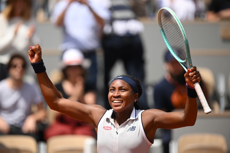 Coco Gauff celebrates winning match point against Ons Jabeur. Getty Images