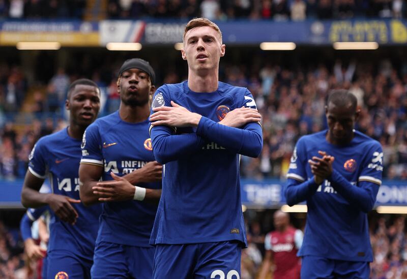 Cole Palmer celebrates scoring Chelsea's first goal in their 5-0 Premier League win over West Ham United at Stamford Bridge on May 5, 2024. Reuters