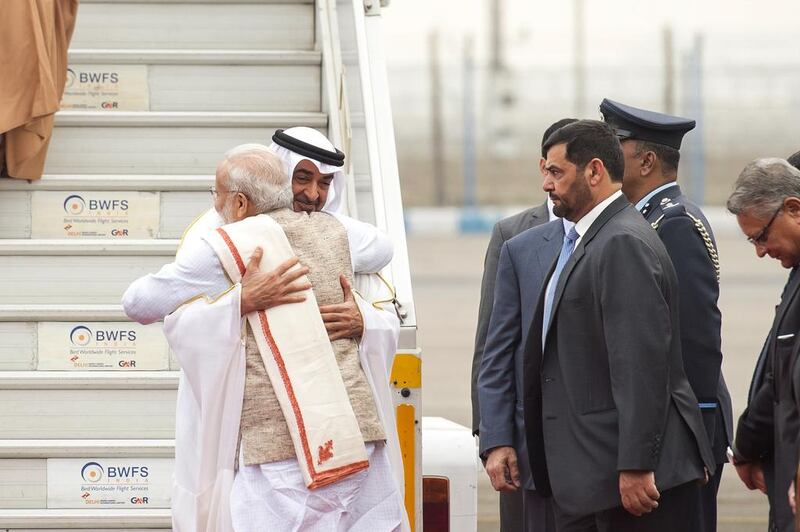 Sheikh Mohammed bin Zayed, Crown Prince of Abu Dhabi and Deputy Supreme Commander of the Armed Forces, is greeted by Indian prime minister Narendra Modi on his arrival in Delhi for a three-day visit, where he will be chief guest at Republic Day celebrations. Rashed Al Mansoori / Crown Prince Court – Abu Dhabi