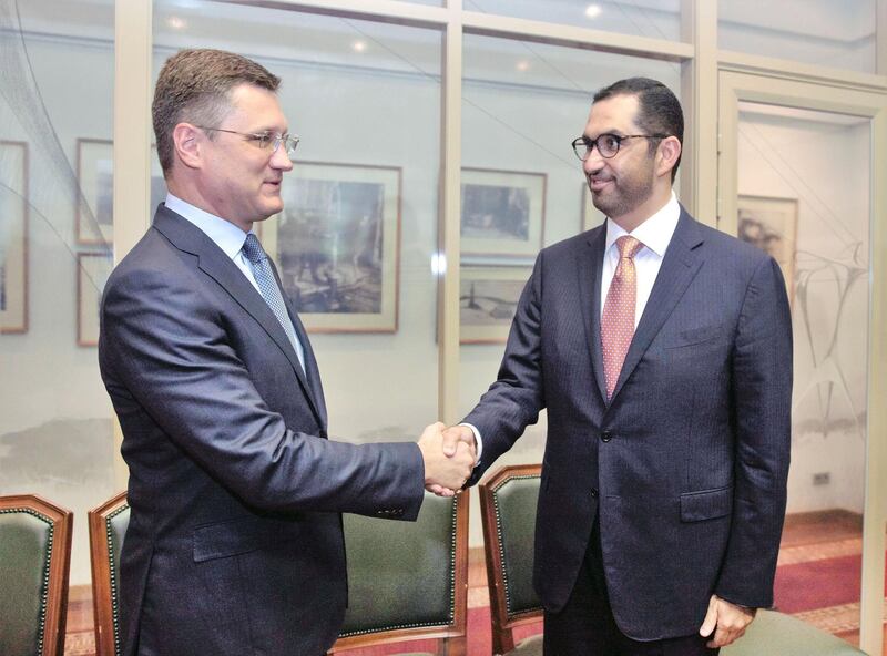 Russian energy minister Alexander Novak with Adnoc group chief executive and UAE minister of state Dr Sultan Al Jaber. The UAE company is looking to engage with Russian energy firms. Adnoc