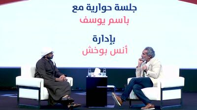 Anas Bukhash and Bassem Youssef discussed the Egyptian comedian's interview on Piers Morgan: Uncensored, during the Sharjah International Book Fair. Photo: Sharjah International Book Fair