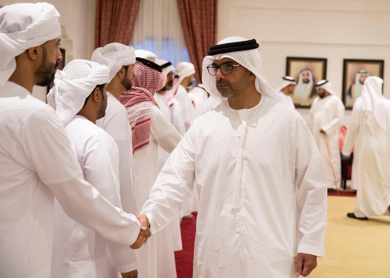 AL AIN, ABU DHABI, UNITED ARAB EMIRATES - September 16, 2019: HH Sheikh Hamed bin Zayed Al Nahyan, Chairman of the Crown Prince Court of Abu Dhabi and Abu Dhabi Executive Council Member (R), offers condolences to the family of martyr Captain Saeed Ahmed Rashid Al Mansouri.

( Mohammed Al Bloushi for the Ministry of Presidential Affairs )​
---