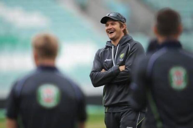 Shane Watson goes through the paces as Australia had an early nets session for today's day-night encounter against Sri Lanka. Paul Gilham / Getty Images