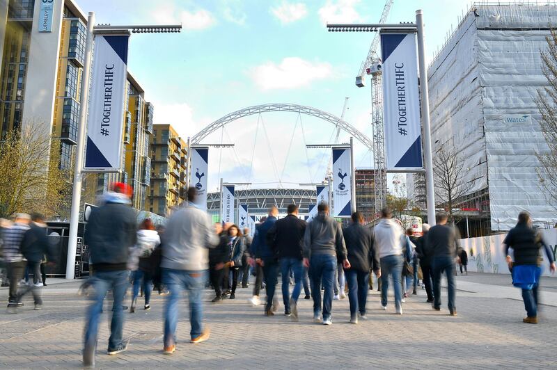 File photo dated 14-04-2018 of Tottenham Hotspur fans arriving at the Premier League match at Wembley Stadium. Issue date: Tuesday April 13, 2021. PA Photo. Supporters wishing to attend the Carabao Cup final on April 25 will need to provide proof of a negative lateral flow coronavirus test within 24 hours of the match. Manchester City and Tottenham will each be given 2,000 tickets for the game at Wembley. . See PA Story SOCCER Coronavirus. Photo credit should read: Dominic Lipinski/PA Wire