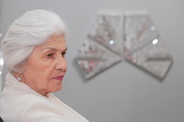 Monir Shahroudy Farmanfarmaian at the opening of her exhibition at the Third Line in 2013. Courtesy The Third Line 