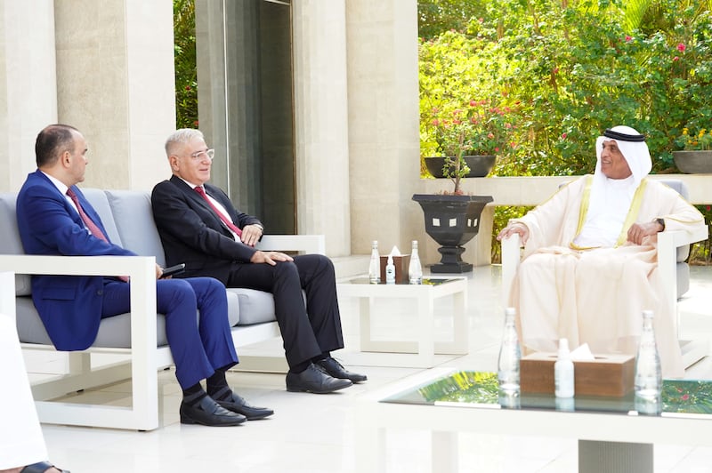 Sheikh Saud bin Saqr Al Qasimi, Ruler of Ras Al Khaimah, with Israel's ambassador to the UAE, Amir Hayek, during a meeting at his palace in Saqr bin Mohammed City. Wam