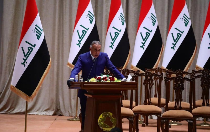 Mustafa Al Kadhimi delivers a speech after being confirmed as the new Iraqi prime minister.  EPA