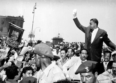 Then Egyptian president Gamal Abdel Nasser announcing the nationalisation of the Suez Canal to a crowd of 250,000 people during a celebration of the fourth anniversary of the July 26, 1956 revolution. Getty Images
