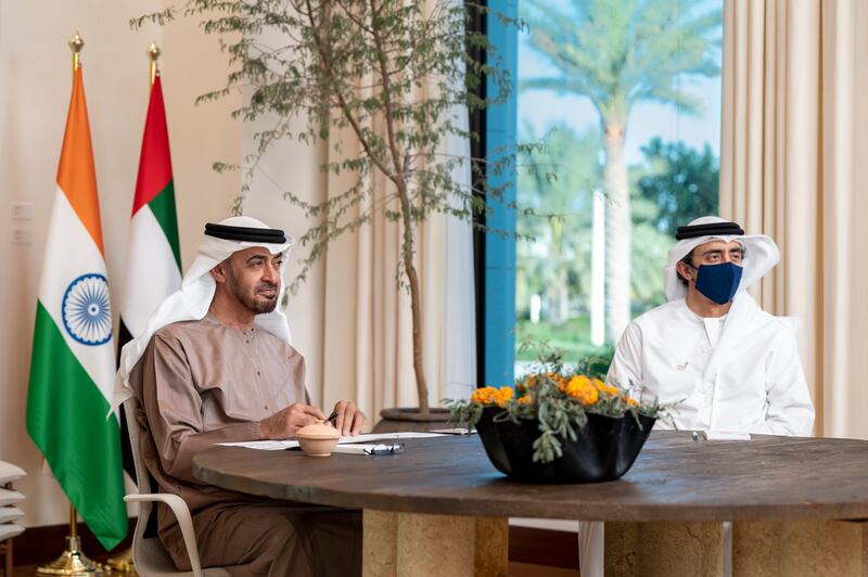 Sheikh Mohamed bin Zayed, Crown Prince of Abu Dhabi and Deputy Supreme Commander of the Armed Forces, and Sheikh Abdullah bin Zayed, Minister of Foreign Affairs and International Co-operation, at the virtual summit with India's Prime Minister Narendra Modi. Photo: Abdullah Al Neyadi / Ministry of Presidential Affairs