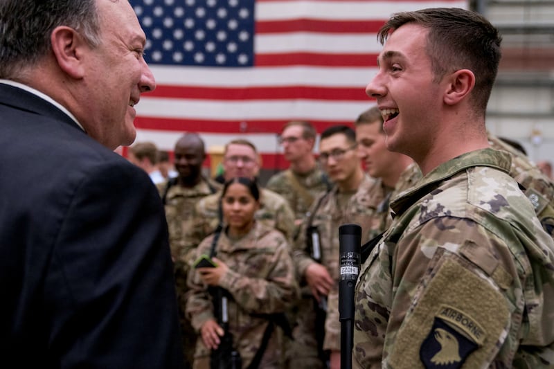 US Secretary of State Mike Pompeo meets with coalition forces at Bagram Air Base in 2018.