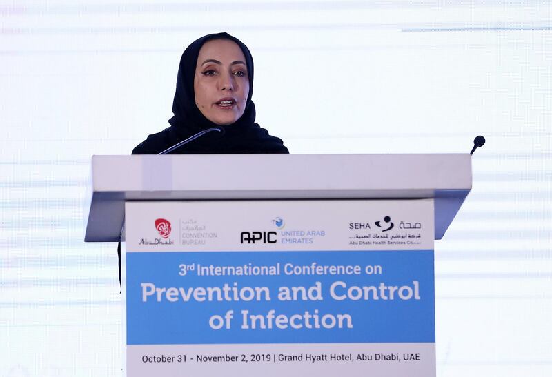 ABU DHABI, UNITED ARAB EMIRATES , October 31  – 2019 :- Dr. Nawal Al Kaabi , MD, Paediatric Infectious Disease Consultant , CMO, Adjunct Associate Professor, Sheikh Khalifa Medical City speaking during the Prevention and Control of Infection conference held at Grand Hyatt hotel in Abu Dhabi. ( Pawan Singh / The National )  For News. Story by Shireena
