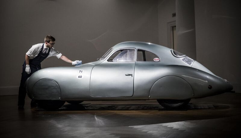 The oldest car to wear the Porsche badge goes on view at Sotheby's in London, England.   Getty