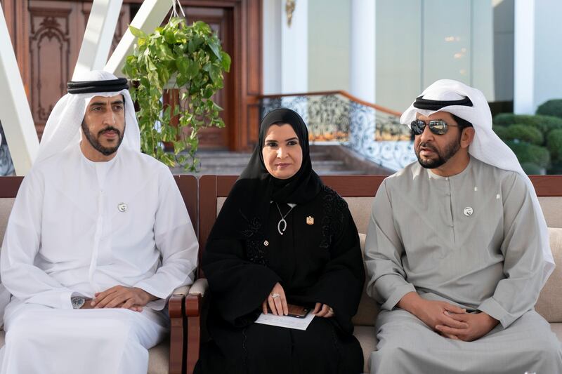 ABU DHABI, UNITED ARAB EMIRATES - January 21, 2019: (L-R) HH Sheikh Abdullah bin Rashid Al Mu'alla, Deputy Ruler of Umm Al Quwain, HE Dr Amal Abdullah Al Qubaisi, Speaker of the Federal National Council (FNC) and HH Sheikh Hamdan bin Zayed Al Nahyan, Ruler���s Representative in Al Dhafra Region, attend a Sea Palace barza.
( Rashed Al Mansoori / Ministry of Presidential Affairs )
---