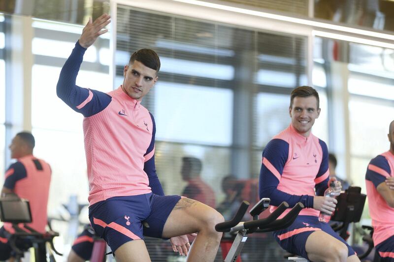 ENFIELD, ENGLAND - APRIL 23: Erik Lamela and Giovani Lo Celso of Tottenham Hotspur during the Tottenham Hotspur training session at Tottenham Hotspur Training Centre on April 23, 2021 in Enfield, England. (Photo by Tottenham Hotspur FC/Tottenham Hotspur FC via Getty Images)