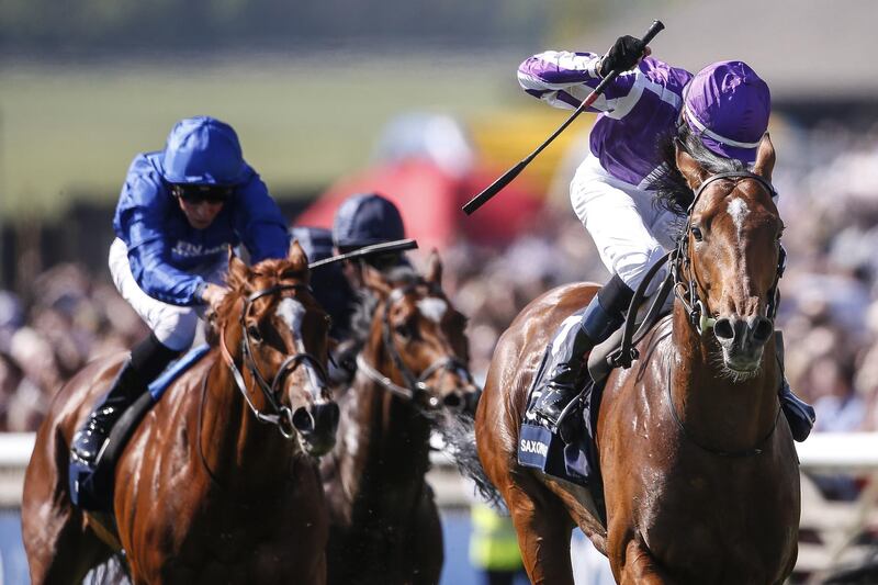NEWMARKET, ENGLAND - MAY 05:  Donnacha O'Brien riding Saxon Warrior celebrates as they win The Qipco 2000 Guineas Stakes at Newmarket Racecourse on May 5, 2018 in Newmarket, United Kingdom. (Photo by Alan Crowhurst/Getty Images)
