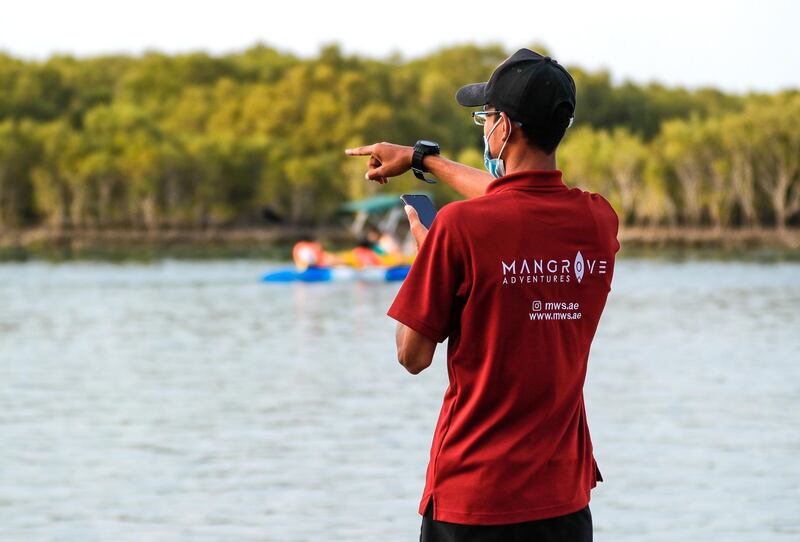 Abu Dhabi, United Arab Emirates, March 12, 2021.  Mangrove Marshals watch over the safety of kayakers at the Anantara Eastern Mangroves.
Victor Besa / The National
Section:  NA
FOR:  Stand alone/Big Picture