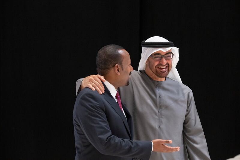 President Sheikh Mohamed greets Abiy Ahmed, Prime Minister of Ethiopia. Photo: Presidential Court