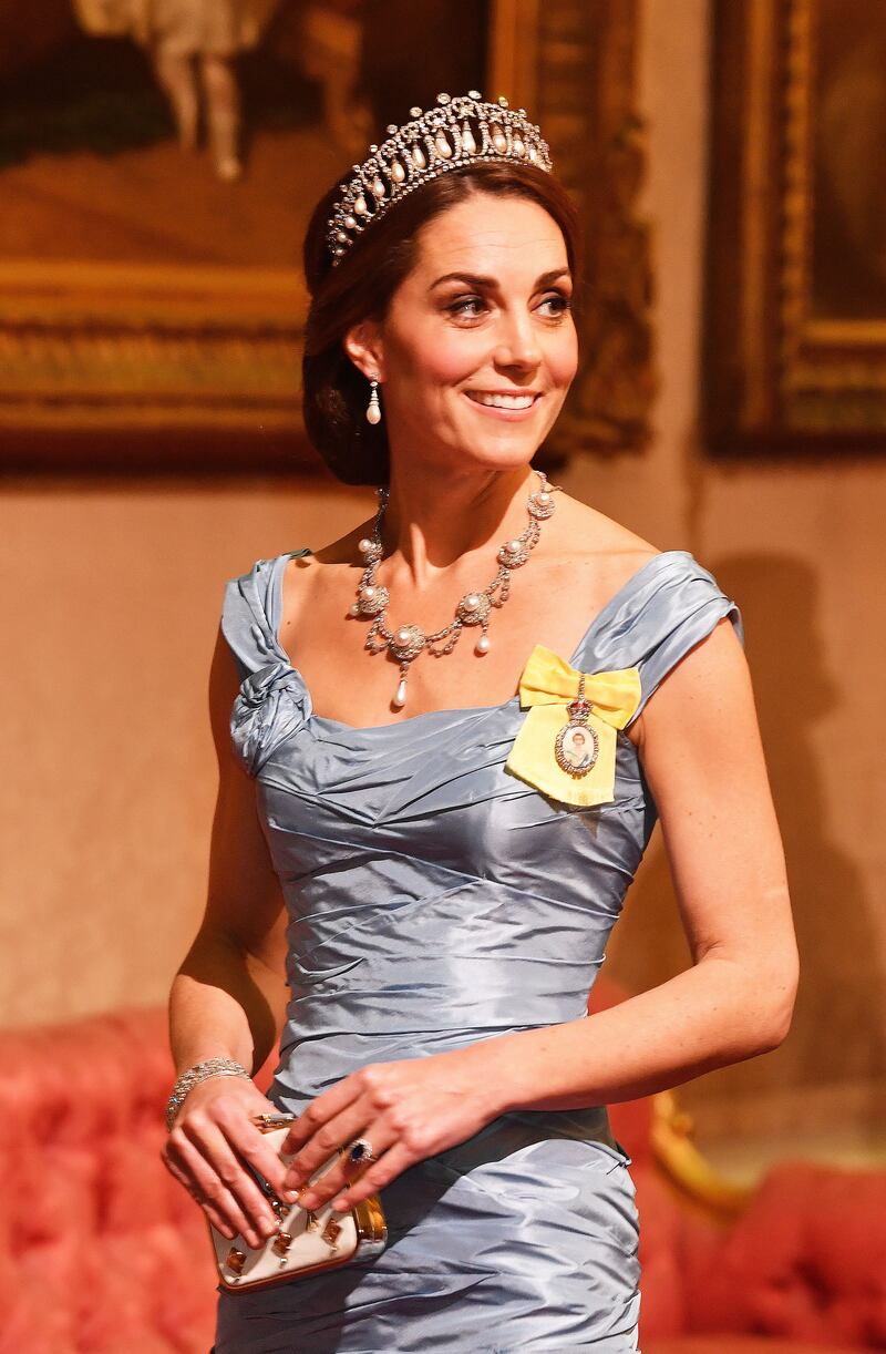 Catherine at a state banquet for King Willem-Alexander and Queen Maxima of the Netherlands at Buckingham Palace in October 2018