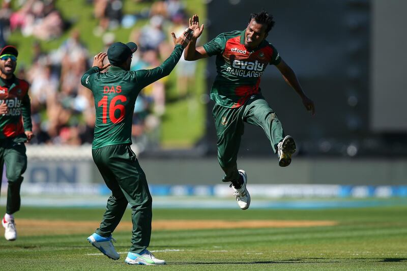 Rubel Hossain of Bangladesh celebrates with Liton Das after taking the wicket of Ross Taylor of New Zealand. getty