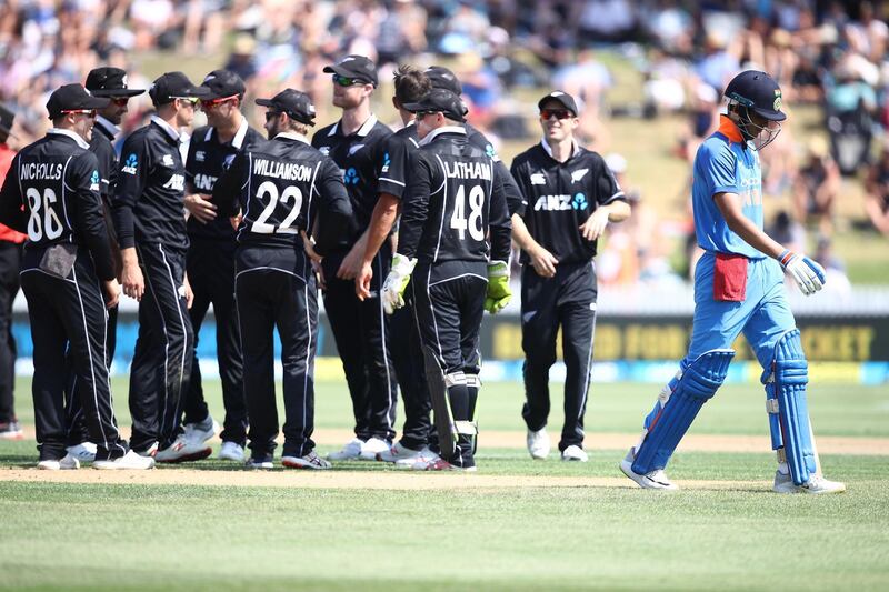 HAMILTON, NEW ZEALAND - JANUARY 31: Shubman Gill of India leaves the field after being caught and bowled by Trent Boult of New Zealand  during game four of the One Day International series between New Zealand and India at Seddon Park on January 31, 2019 in Hamilton, New Zealand. (Photo by Phil Walter/Getty Images)