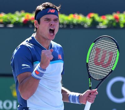 Mar 14, 2019; Indian Wells, CA, USA; Milos Raonic (CAN) celebrates match point as he won his quarterfinal match against Miomir Kecmanovic (not pictured) in the BNP Paribas Open at the Indian Wells Tennis Garden. Mandatory Credit: Jayne Kamin-Oncea-USA TODAY Sports