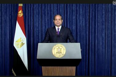 Egyptian President Abdel Fattah El Sisi during his address to the UN General Assembly on September 22, 2020. UNTV via AP