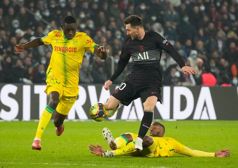 Lionel Messi scores Paris Saint-Germain's third goal during a 3-1 Ligue 1 win over Nantes at the Parc des Princes on Saturday, November 20, 2021. AP