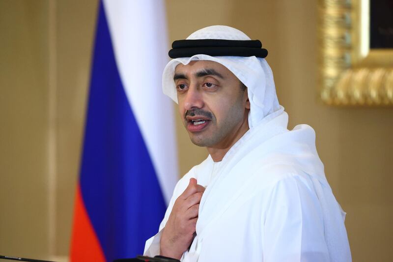 Sheikh Abdullah bin Zayed speaks at a news conference with Mr Lavrov. Russian Foreign Ministry / Reuters