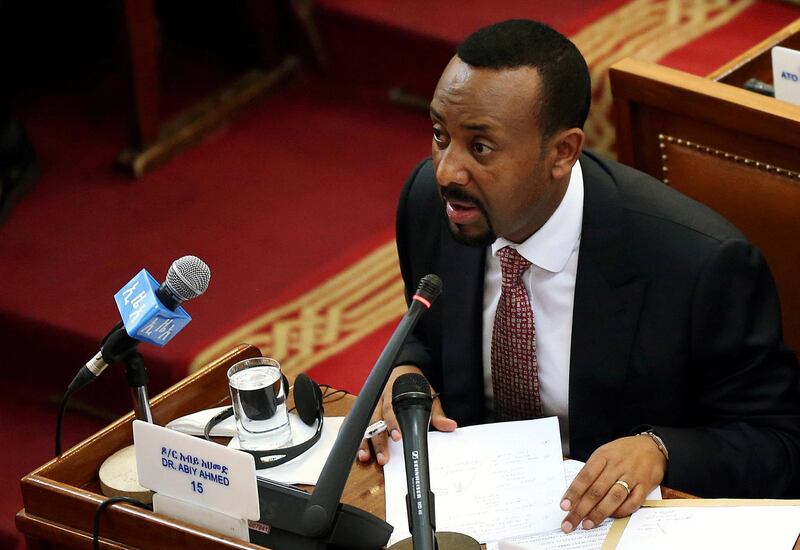 FILE PHOTO: Ethiopia's newly elected Prime Minister Abiy Ahmed addresses the House of Peoples' Representatives in Addis Ababa, Ethiopia April 19, 2018. REUTERS/Tiksa Negeri/File Photo