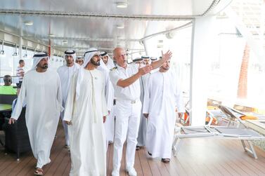 Sheikh Mohammed bin Rashid is given a tour of the luxurious MSC Splendida, currently docked in Dubai as part of a global tour. Courtesy Wam    