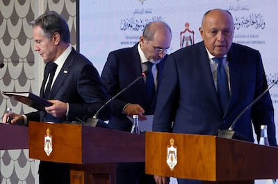 US Secretary of State Antony Blinken, Egyptian Foreign Minister Sameh Shoukry and Jordanian Deputy Prime Minister and Foreign Minister Ayman Safadi met in Amman over the weekend. AFP