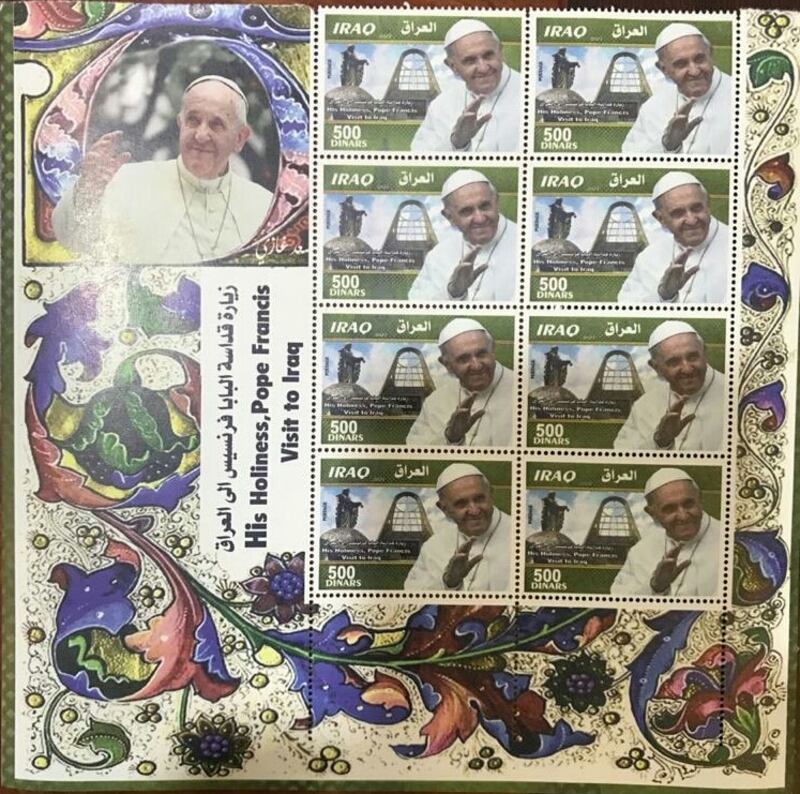 Iraq has issued postage stamps commemorating Pope Francis's visit to the country in March