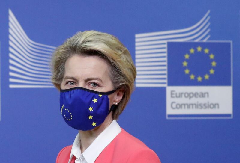 European Commission President Ursula von der Leyen holds a press conference following a phone call meeting with Britain's Prime Minister Boris Johnson, in Brussels, Belgium December 13, 2020. Olivier Hoslet/Pool via REUTERS
