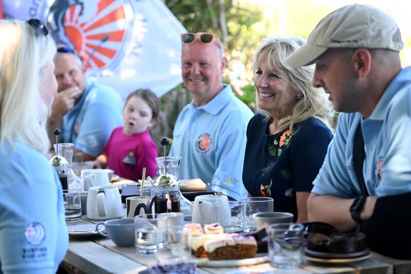 US First Lady Jill Biden meets veterans, first responders, and family members of Bude Surf Veterans, on the sidelines of the G7 summit, in Newlyn, Cornwall. Reuters