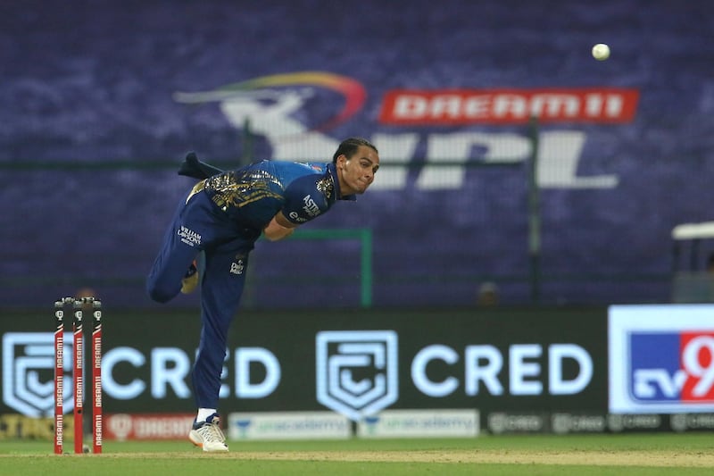 Rahul Chahar of Mumbai Indians bowls during match 5 of season 13 of the Dream 11 Indian Premier League (IPL) between the Kolkata Knight Riders and the Mumbai Indians held at the Sheikh Zayed Stadium, Abu Dhabi  in the United Arab Emirates on the 23rd September 2020.  Photo by: Vipin Pawar  / Sportzpics for BCCI
