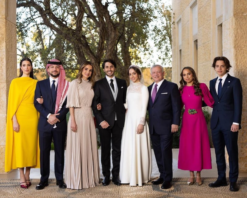 From left to right: Rajwa Al Saif, Crown Prince Hussein, Queen Rania, Jameel Thermiotis, Princess Iman, King Abdulla II, Princess Salma and Prince Hashem. Photo: Queen Rania / Instagram